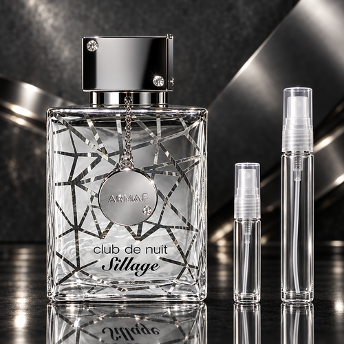 Armaf Club de Nuit Sillage bottle with 5 ml and 10 ml plain clear travel spray vials