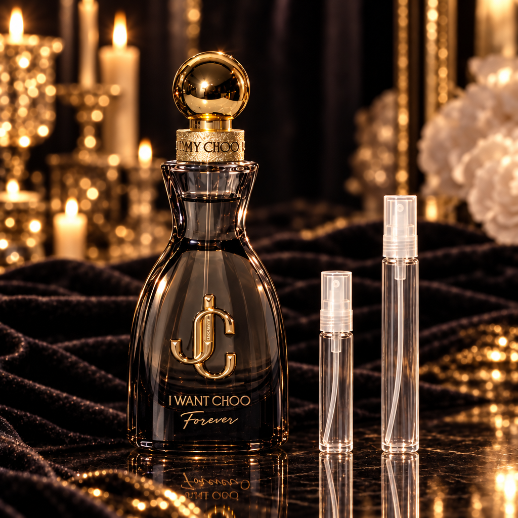 Jimmy Choo I Want Choo Forever EDP bottle with 5 ml and 10 ml plain clear travel spray vials