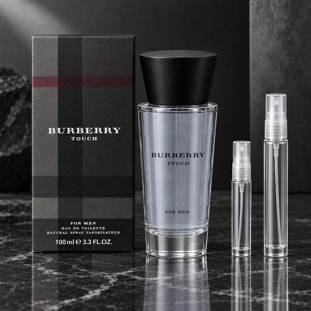 Burberry Touch for Men EDT bottle with box and 5 ml and 10 ml plain clear travel spray vials