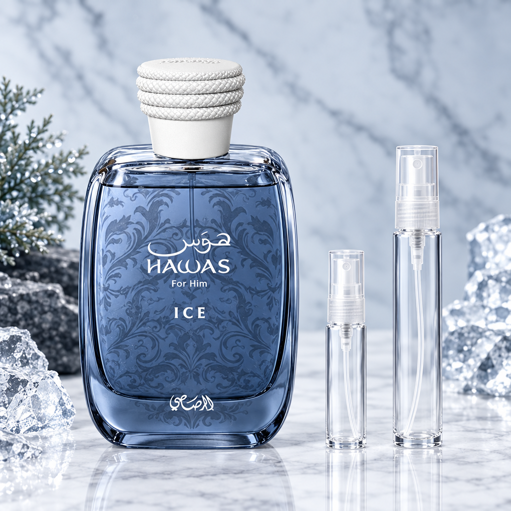 Rasasi Hawas Ice For Him EDP bottle with 5 ml and 10 ml plain clear travel spray vials