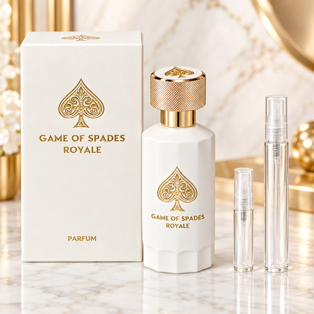 Jo Milano Game of Spades Royale Parfum bottle with box and 5 ml and 10 ml plain clear travel spray vials