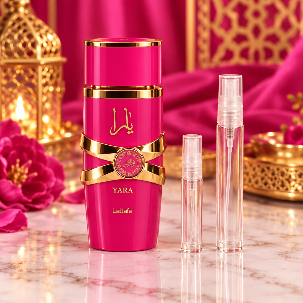 Lattafa Yara Candy EDP bottle with 5 ml and 10 ml plain clear travel spray vials