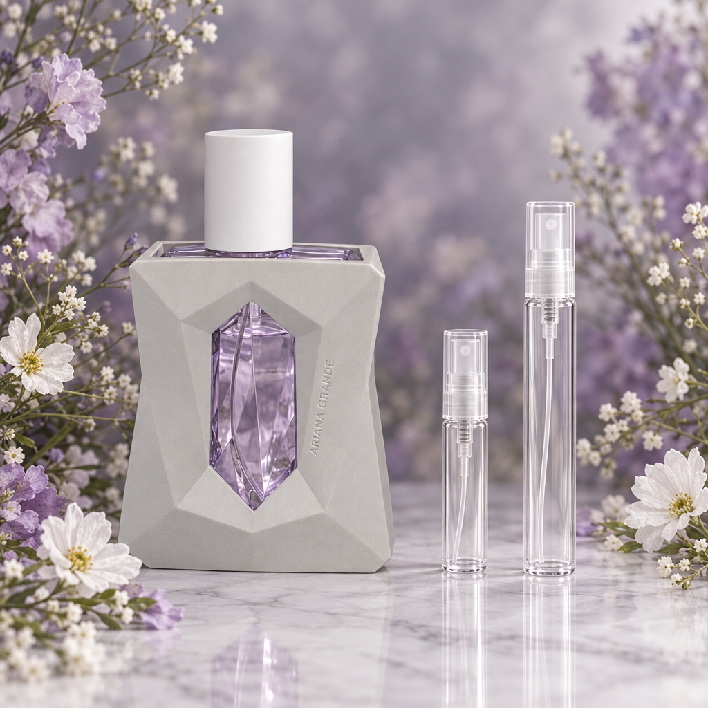 Ariana Grande God Is a Woman EDP bottle with 5 ml and 10 ml plain clear travel spray vials