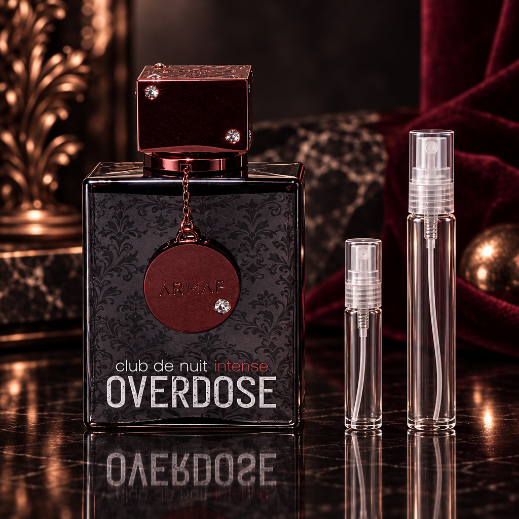 Armaf Club de Nuit Intense Overdose bottle with 5 ml and 10 ml plain clear travel spray vials
