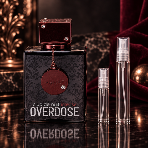 Armaf Club de Nuit Intense Overdose bottle with 5 ml and 10 ml plain clear travel spray vials