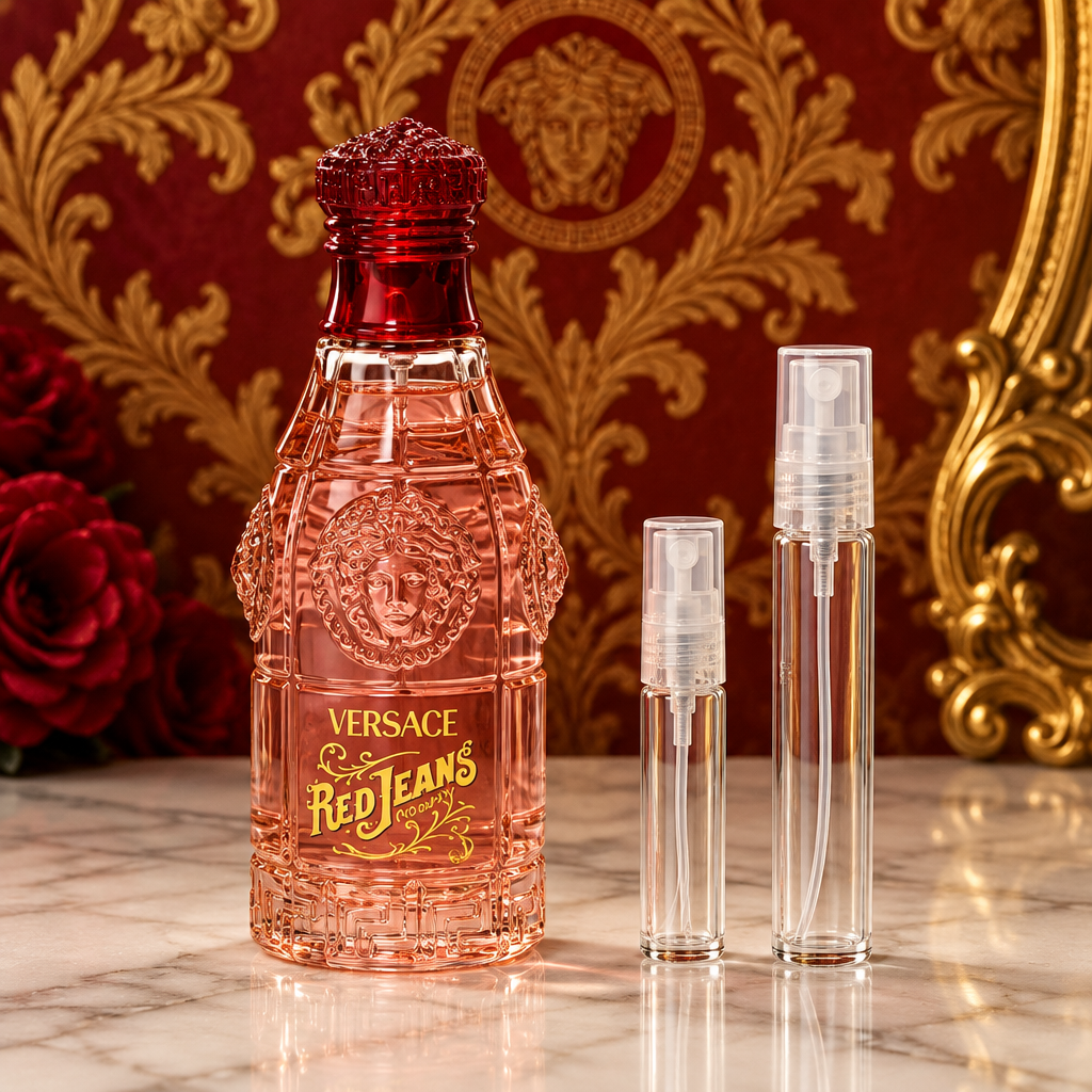 Versace Red Jeans EDT bottle with 5 ml and 10 ml plain clear travel spray vials