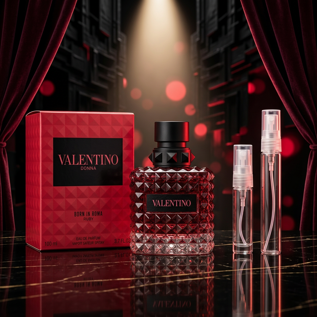 Valentino Donna Born in Roma Ruby bottle and box with clear glass 5 ml and 10 ml travel sprays against ruby lighting, burgundy velvet, and glossy black marble
