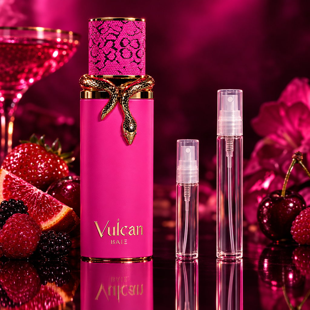 French Avenue Vulcan Baie bottle with 5 ml and 10 ml plain clear travel spray vials