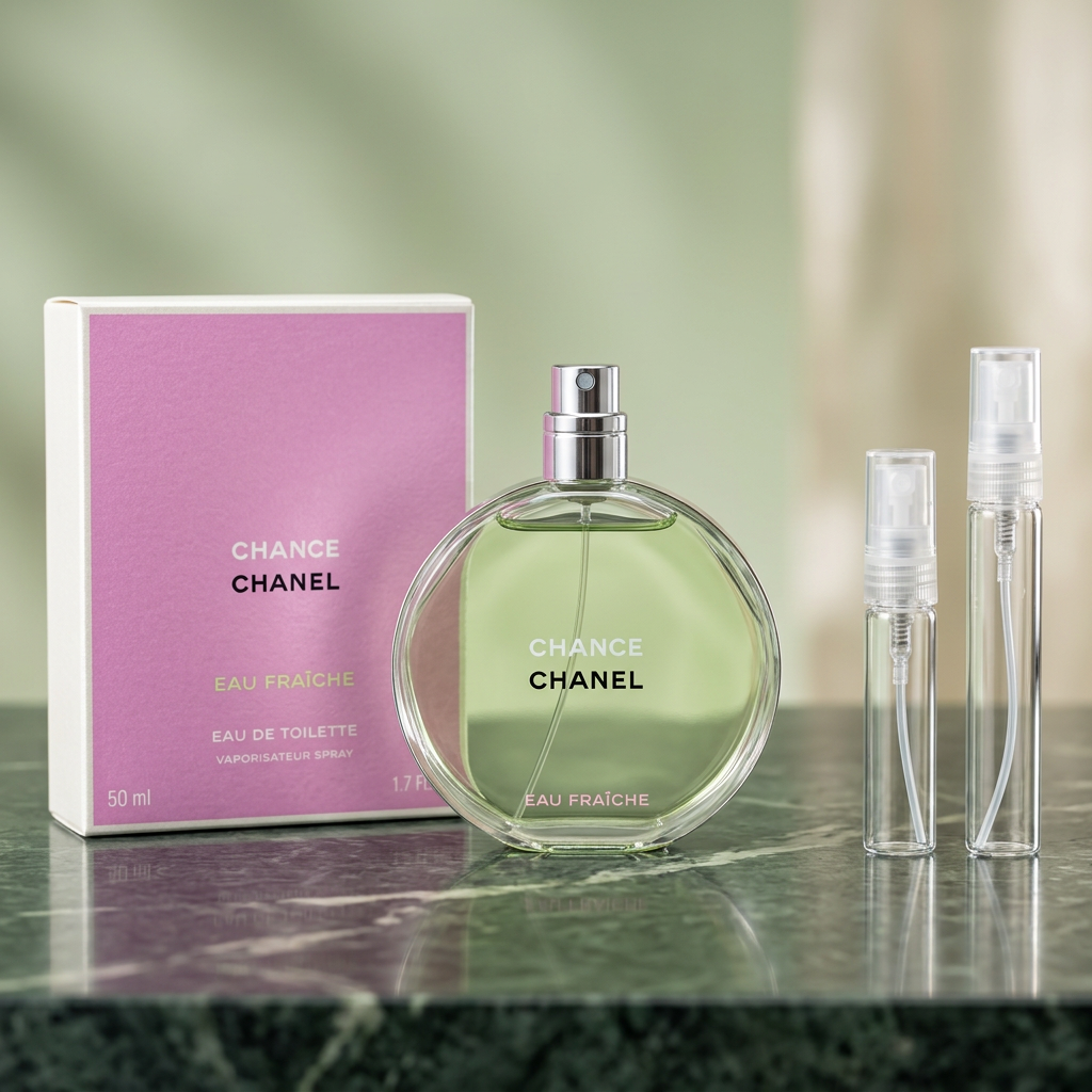 Chanel Chance Eau Fraîche EDT bottle and pink box beside clear glass 5 ml and 10 ml travel sprays in a sage-green marble setting