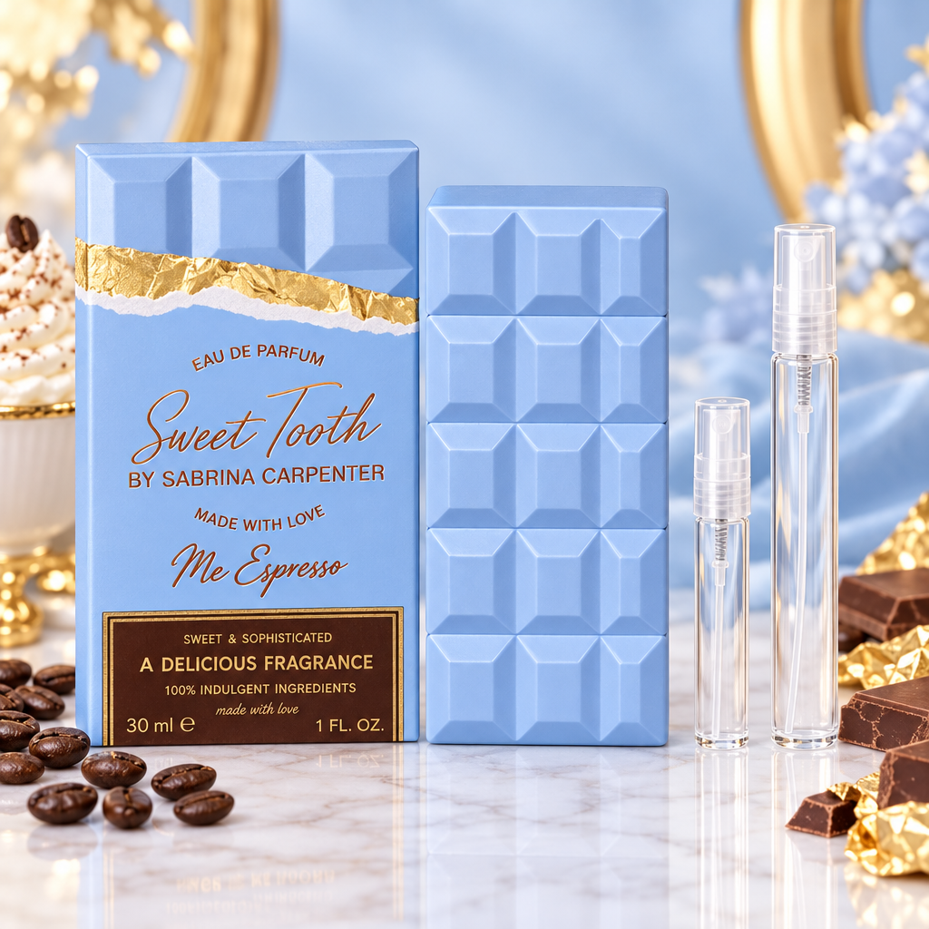 Sabrina Carpenter Sweet Tooth Me Espresso EDP bottle with box and 5 ml and 10 ml plain clear travel spray vials