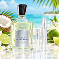 Creed Virgin Island Water bottle with 5 ml and 10 ml plain clear travel spray vials
