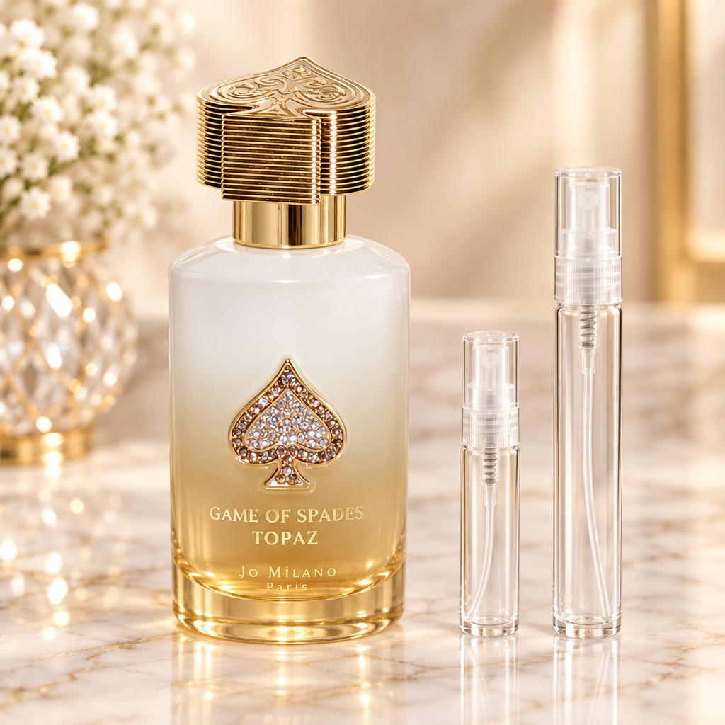 Jo Milano Game of Spades Topaz EDP bottle with 5 ml and 10 ml plain clear travel spray vials