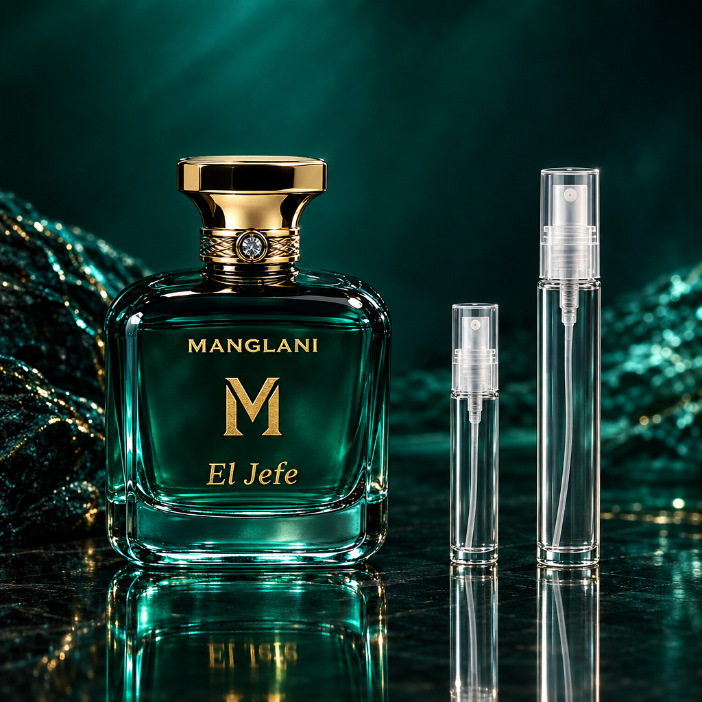 Manglani El Jefe Extrait de Parfum bottle with 5 ml and 10 ml plain clear travel spray vials