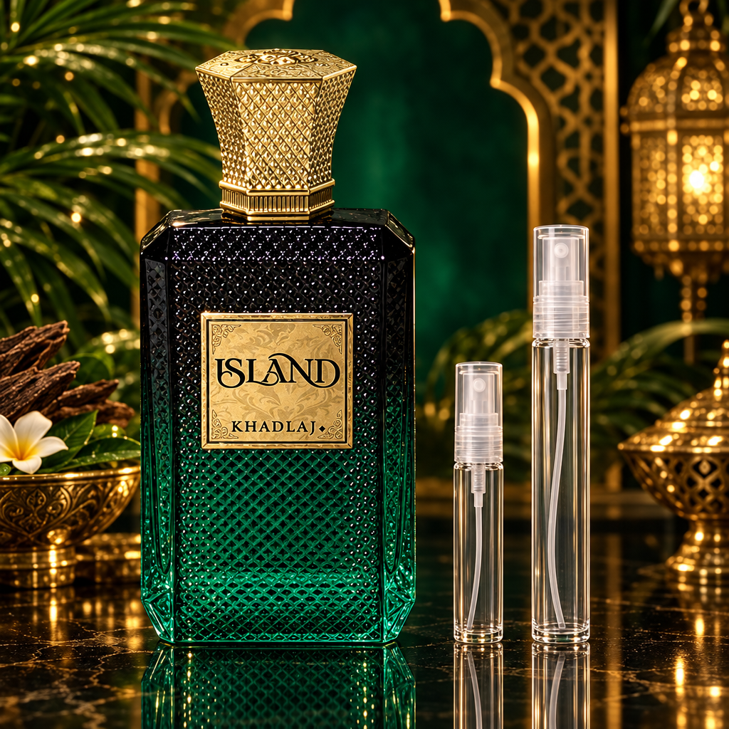 Khadlaj Island Extrait de Parfum bottle with 5 ml and 10 ml plain clear travel spray vials