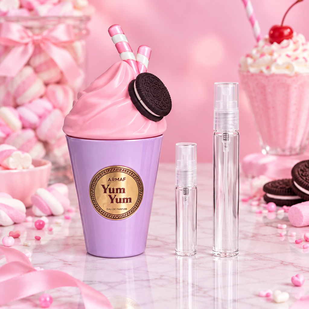 Armaf Delights Yum Yum EDP milkshake bottle with 5 ml and 10 ml plain clear travel spray vials
