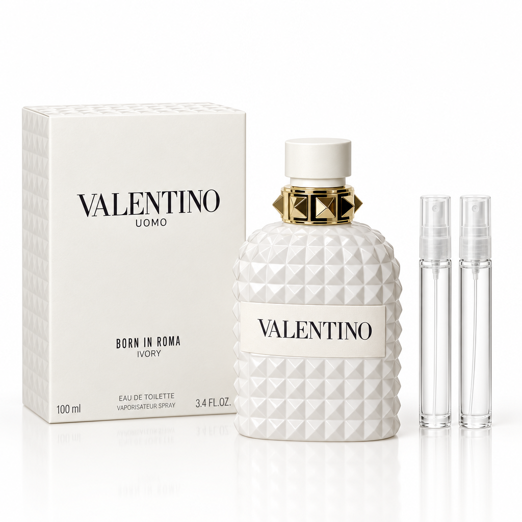 Valentino Uomo Born in Roma Ivory EDT bottle and box with 5 ml and 10 ml plain clear travel spray vials