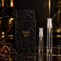 Arabiyat Prestige Noiré Absolu bottle with 5 ml and 10 ml plain clear travel spray vials