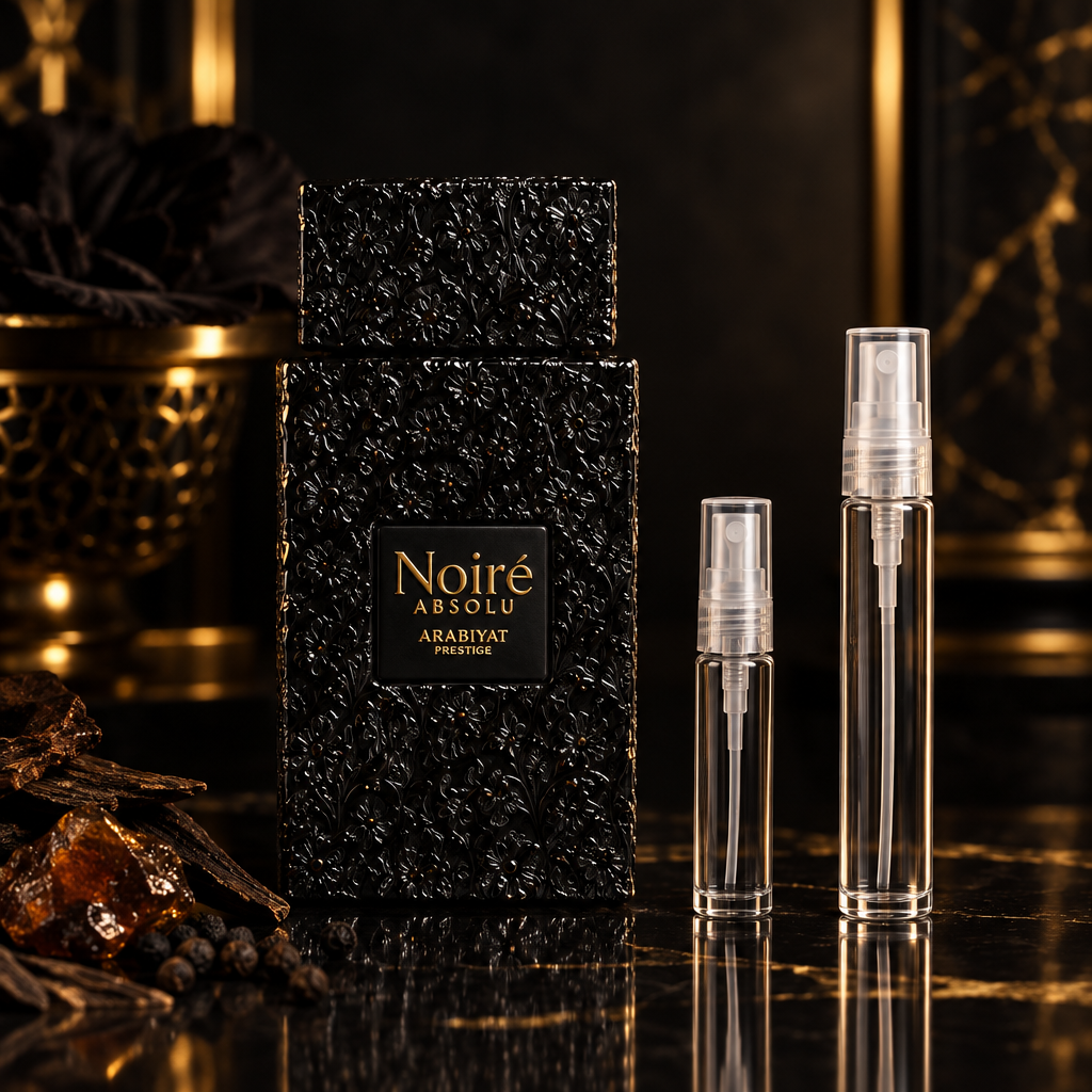 Arabiyat Prestige Noiré Absolu bottle with 5 ml and 10 ml plain clear travel spray vials