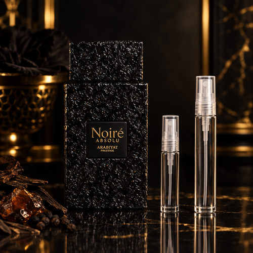Arabiyat Prestige Noiré Absolu bottle with 5 ml and 10 ml plain clear travel spray vials