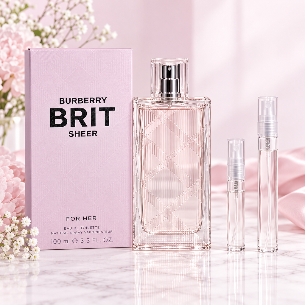 Burberry Brit Sheer EDT bottle with box and 5 ml and 10 ml plain clear travel spray vials