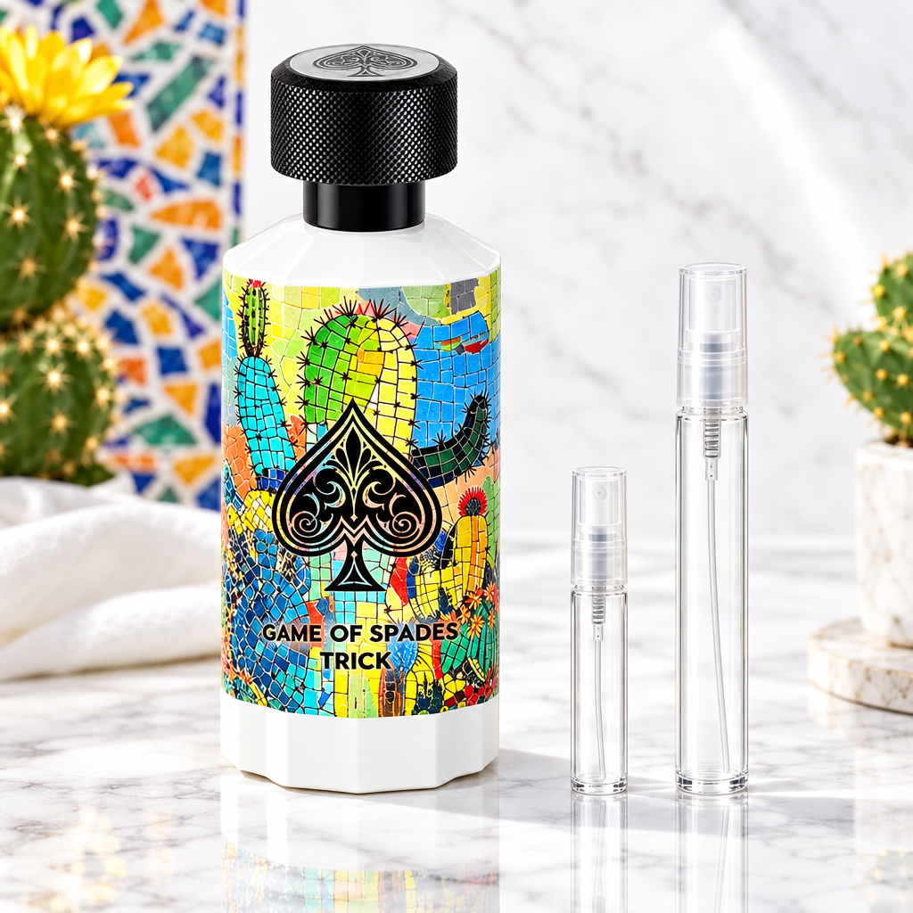 Jo Milano Game of Spades Trick EDP bottle with 5 ml and 10 ml plain clear travel spray vials