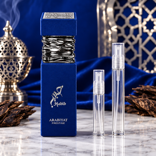 Arabiyat Prestige Habib EDP bottle with 5 ml and 10 ml plain clear travel spray vials