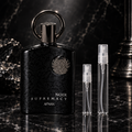 Afnan Supremacy Noir EDP bottle with 5 ml and 10 ml plain clear travel spray vials