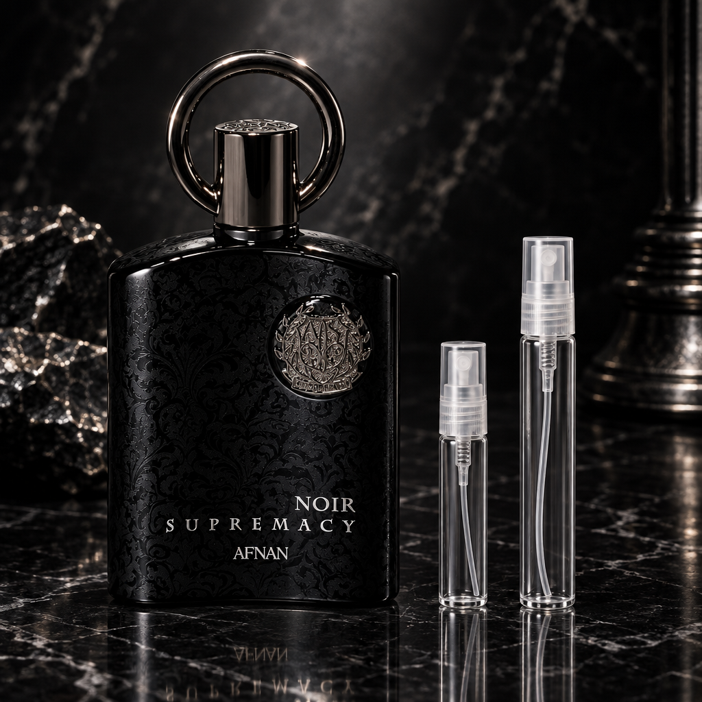 Afnan Supremacy Noir EDP bottle with 5 ml and 10 ml plain clear travel spray vials