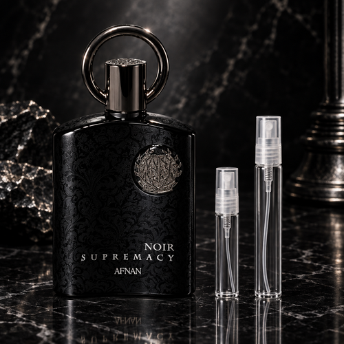 Afnan Supremacy Noir EDP bottle with 5 ml and 10 ml plain clear travel spray vials