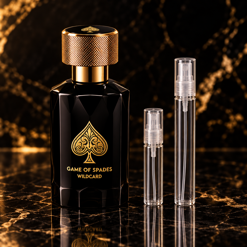 Jo Milano Game of Spades Wildcard EDP bottle with 5 ml and 10 ml plain clear travel spray vials