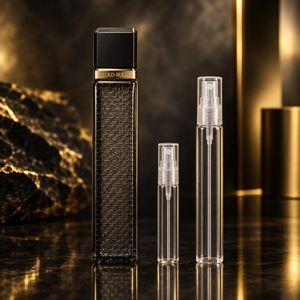Paris Hilton Gold Rush Nightfall bottle with 5 ml and 10 ml plain clear travel spray vials
