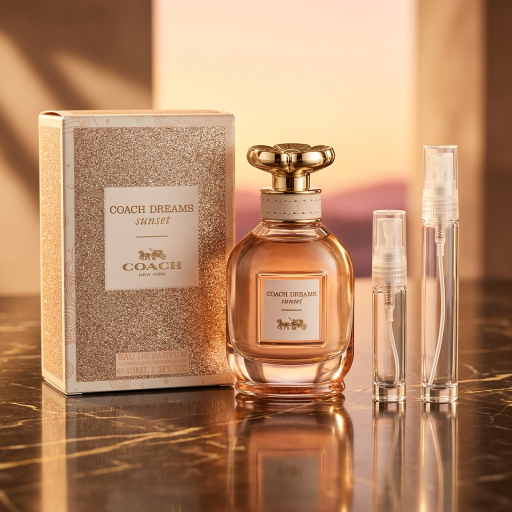 Coach Dreams Sunset bottle and champagne box beside clear glass 5 ml and 10 ml travel sprays in a glowing golden-hour marble setting