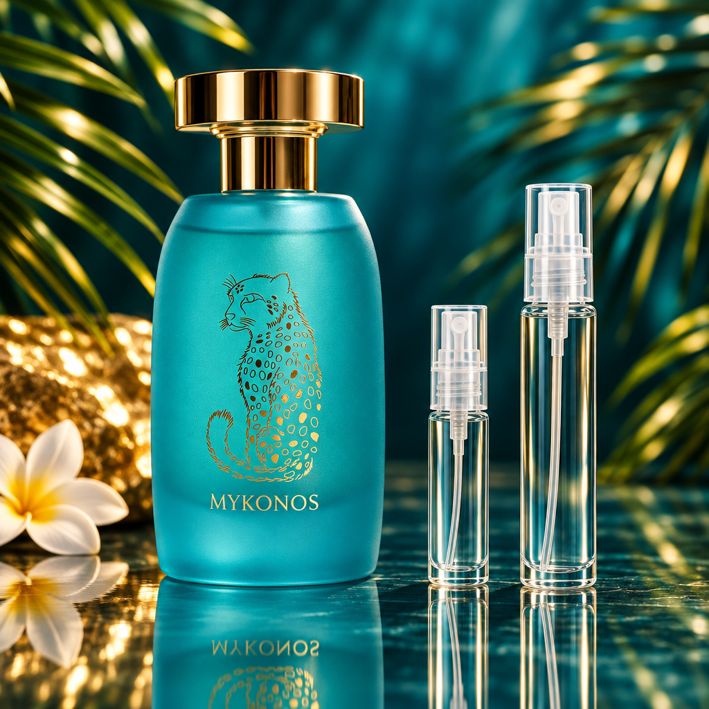 Mykonos Dreamscape bottle with 5 ml and 10 ml plain clear travel spray vials