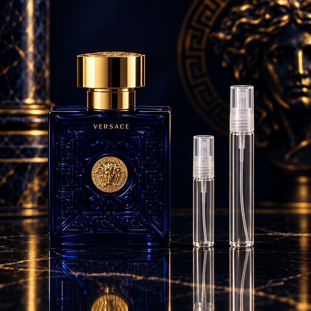 Versace Pour Homme Dylan Blue bottle with 5 ml and 10 ml plain clear travel spray vials