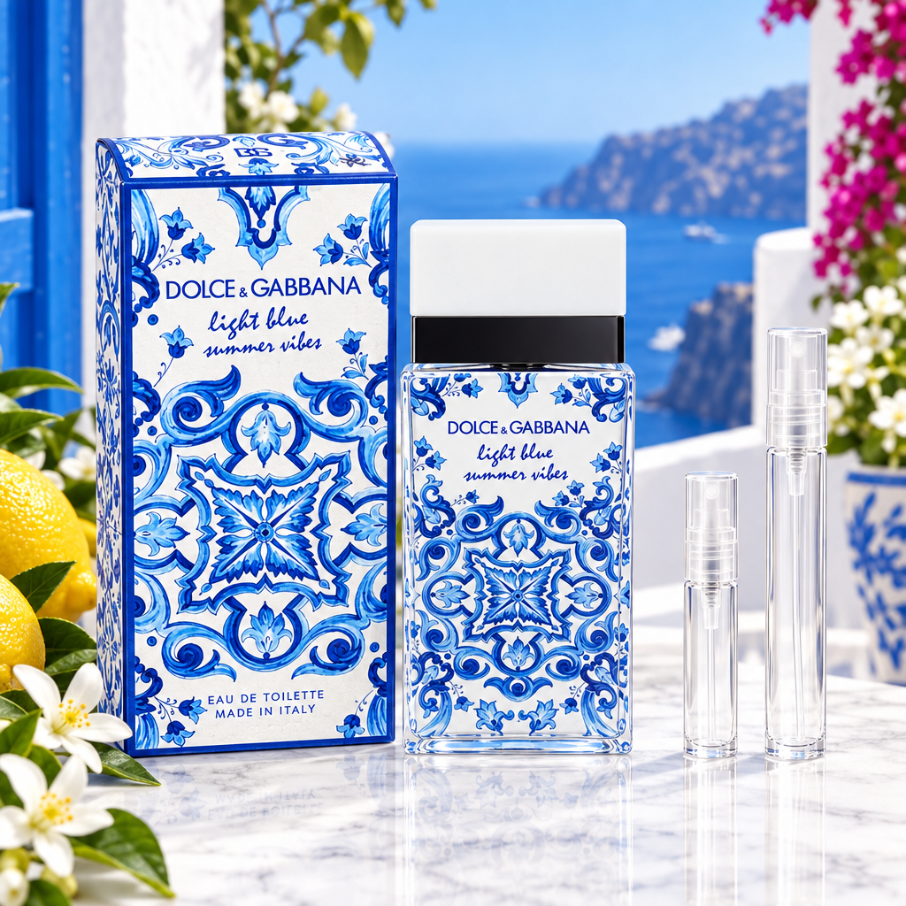 Dolce & Gabbana Light Blue Summer Vibes Pour Femme EDT bottle with box and 5 ml and 10 ml plain clear travel spray vials
