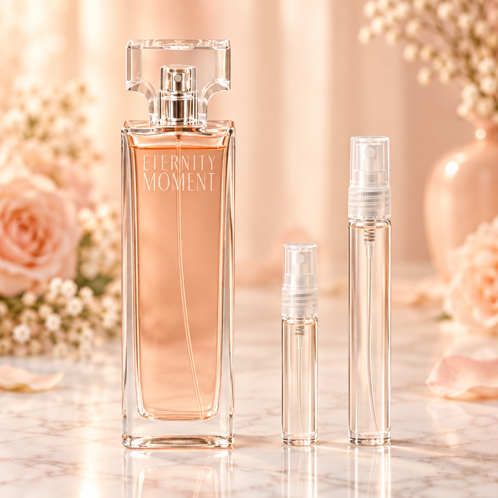Calvin Klein Eternity Moment EDP bottle with 5 ml and 10 ml plain clear travel spray vials