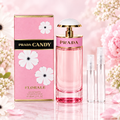 Prada Candy Florale EDT bottle and box with 5 ml and 10 ml plain clear travel spray vials