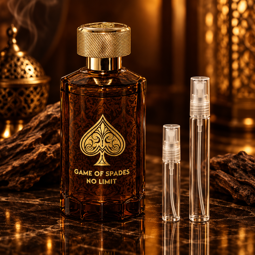 Jo Milano Game of Spades No Limit Extrait de Parfum bottle with 5 ml and 10 ml plain clear travel spray vials