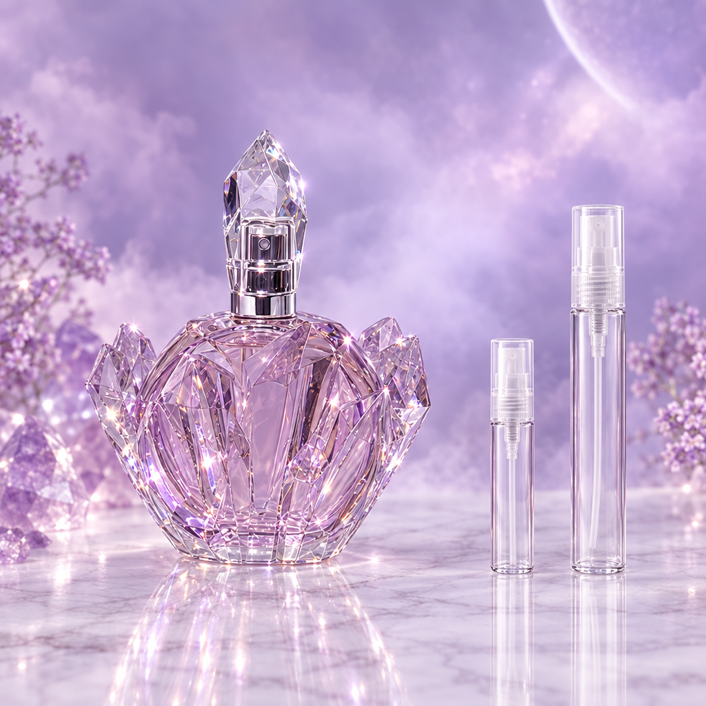 Ariana Grande R.E.M. EDP bottle with 5 ml and 10 ml plain clear travel spray vials