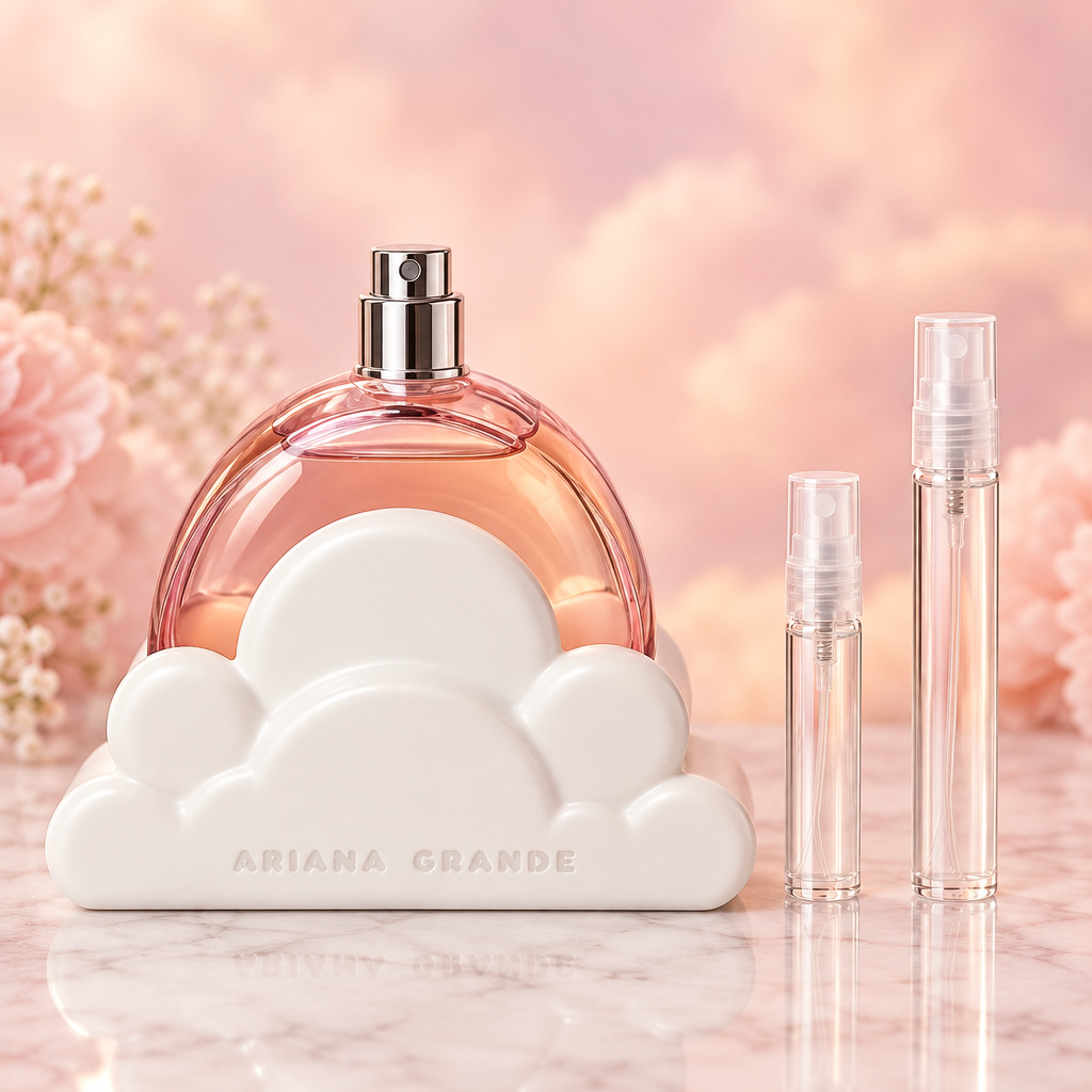 Ariana Grande Cloud Pink EDP bottle with 5 ml and 10 ml plain clear travel spray vials
