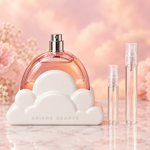 Ariana Grande Cloud Pink EDP bottle with 5 ml and 10 ml plain clear travel spray vials