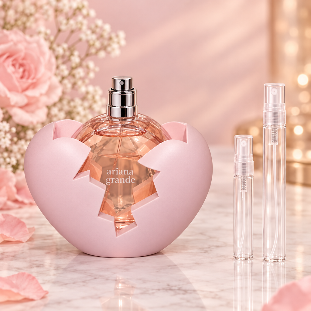 Ariana Grande Thank U Next EDP bottle with 5 ml and 10 ml plain clear travel spray vials