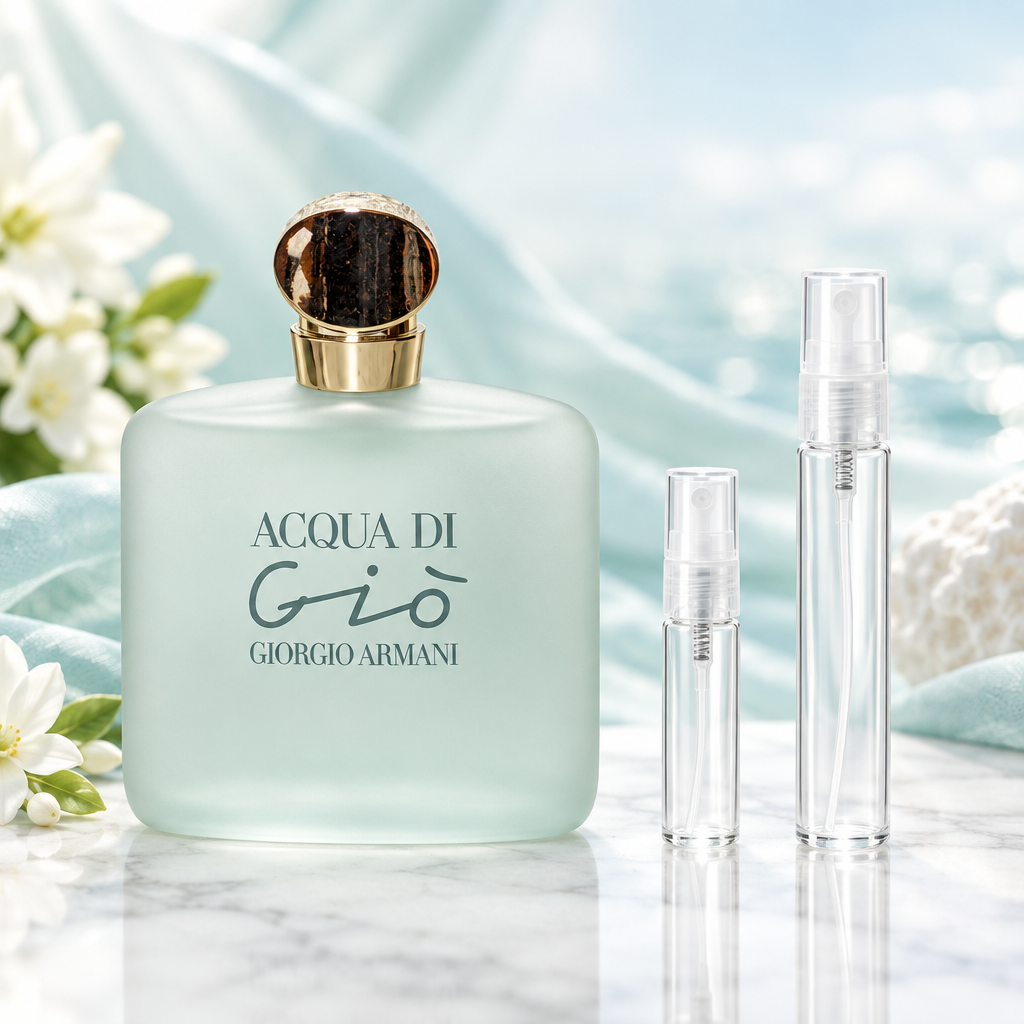 Giorgio Armani Acqua di Giò Pour Femme EDT bottle with 5 ml and 10 ml plain clear travel spray vials