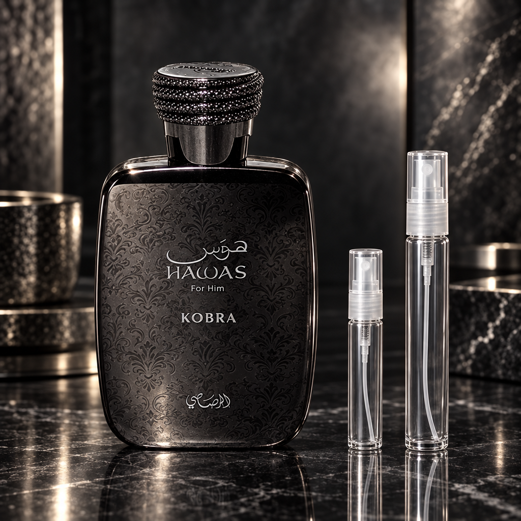 Rasasi Hawas Kobra EDP bottle with 5 ml and 10 ml plain clear travel spray vials