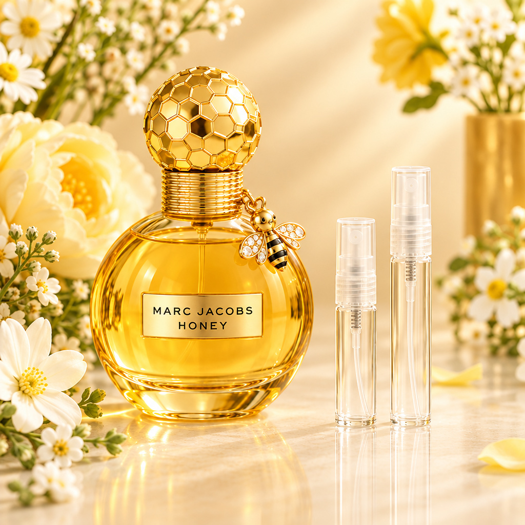 Marc Jacobs Honey EDP bottle with 5 ml and 10 ml plain clear travel spray vials