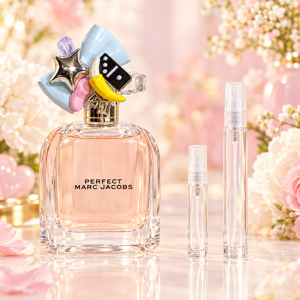 Marc Jacobs Perfect EDP bottle with 5 ml and 10 ml plain clear travel spray vials