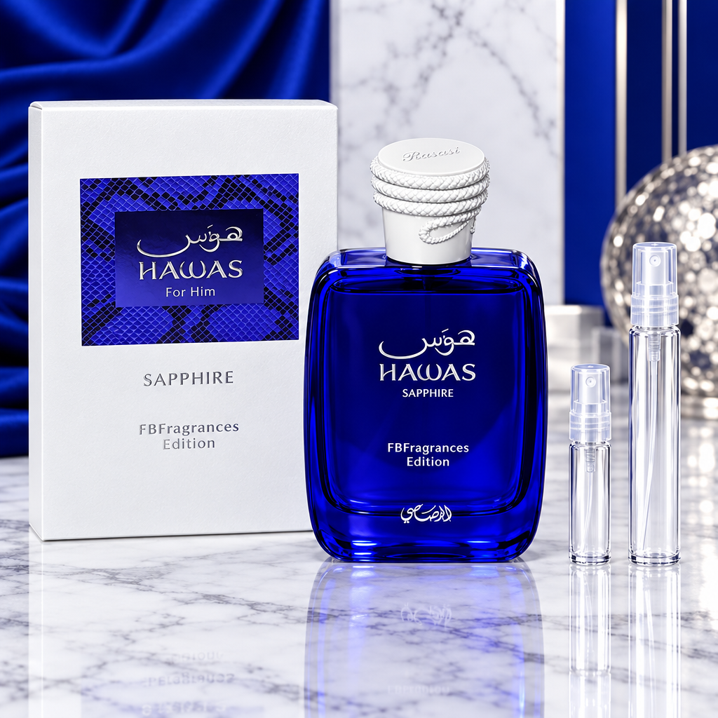 Rasasi Hawas Sapphire EDP bottle with box and 5 ml and 10 ml plain clear travel spray vials