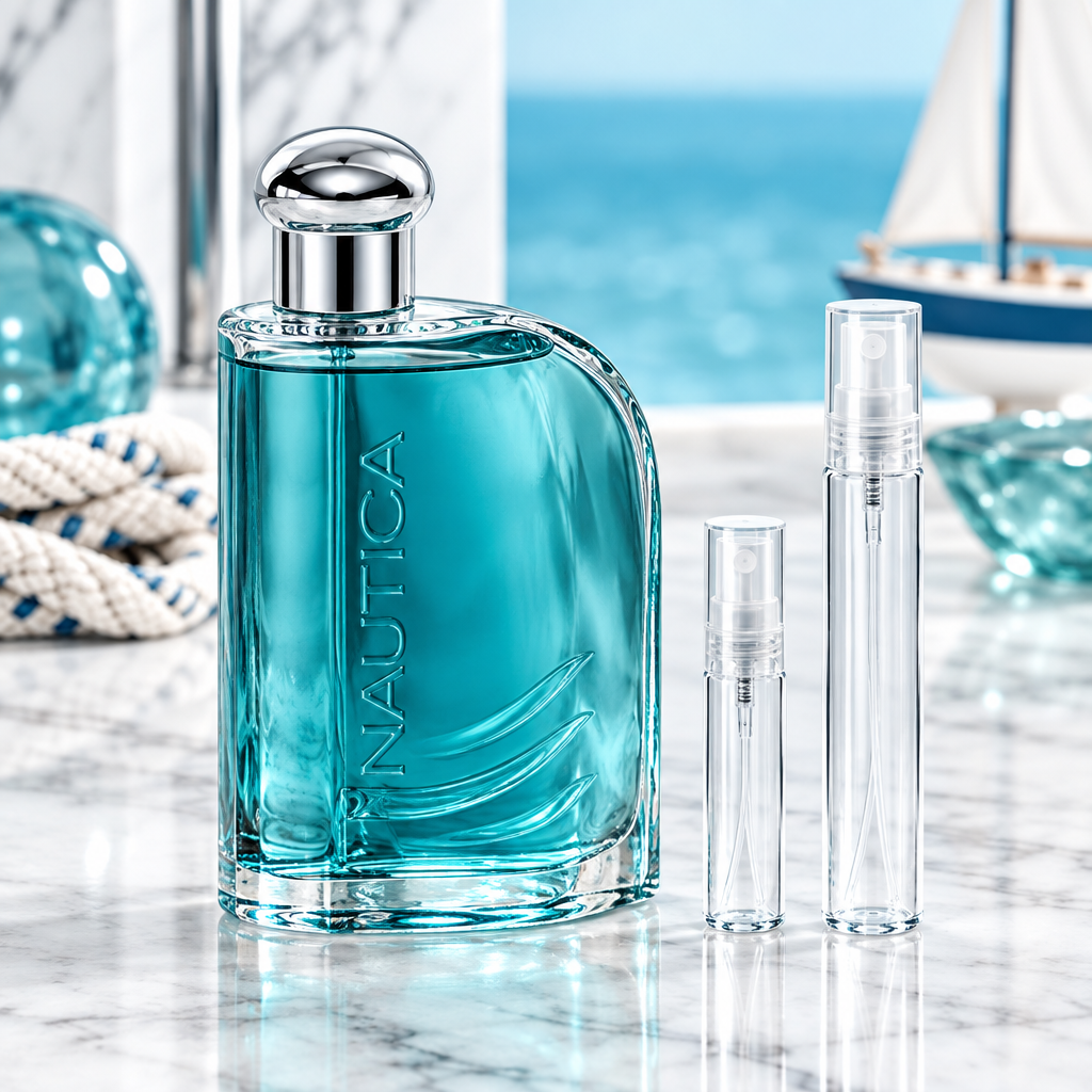 Nautica Classic Eau de Toilette bottle with 5 ml and 10 ml plain clear travel spray vials
