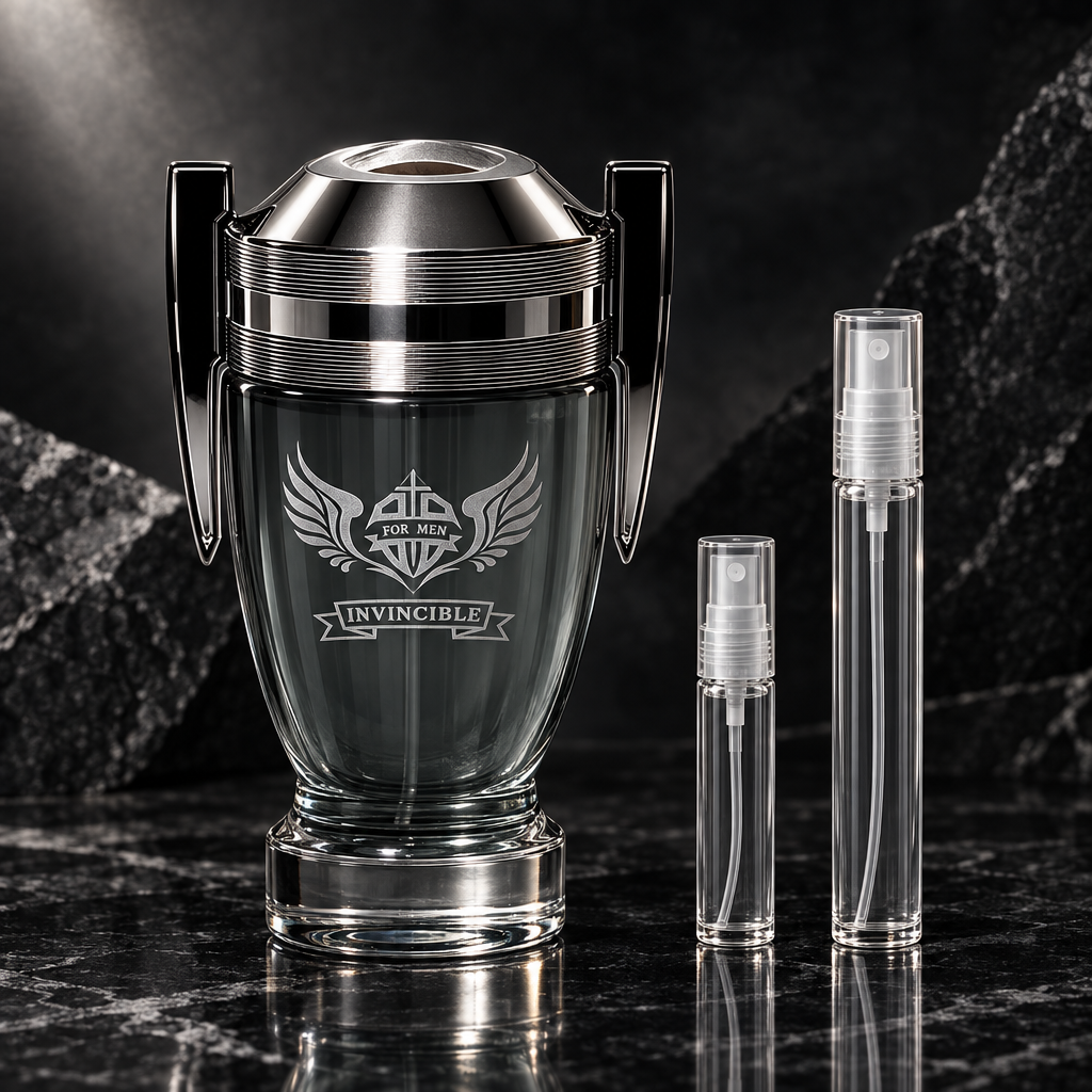 My Secret Plus Invincible for Men EDP bottle with 5 ml and 10 ml plain clear travel spray vials