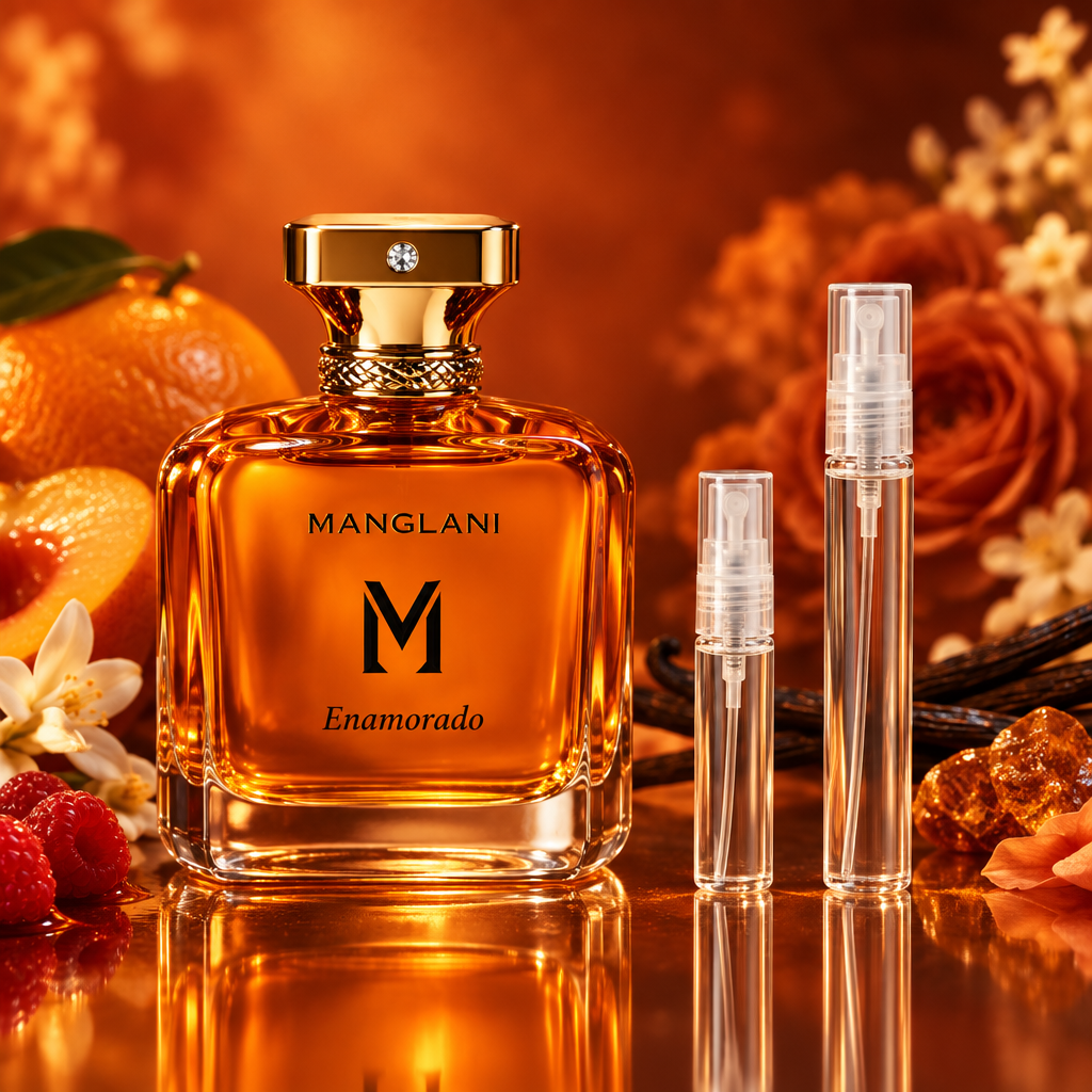 Manglani Enamorado Extrait de Parfum bottle with 5 ml and 10 ml plain clear travel spray vials